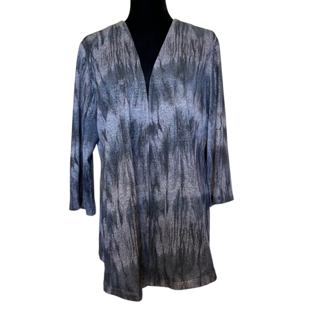 Chicos Metallic Silver Grey Abstract Knit Open Front Cardigan Size 2 L